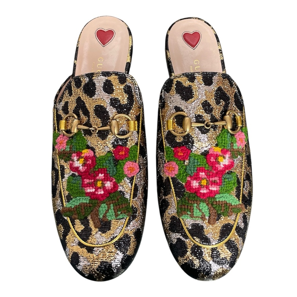 GUCCI Princetown Leopard Metallic Jacquard Floral Embroidered Mules Slides \\ 37